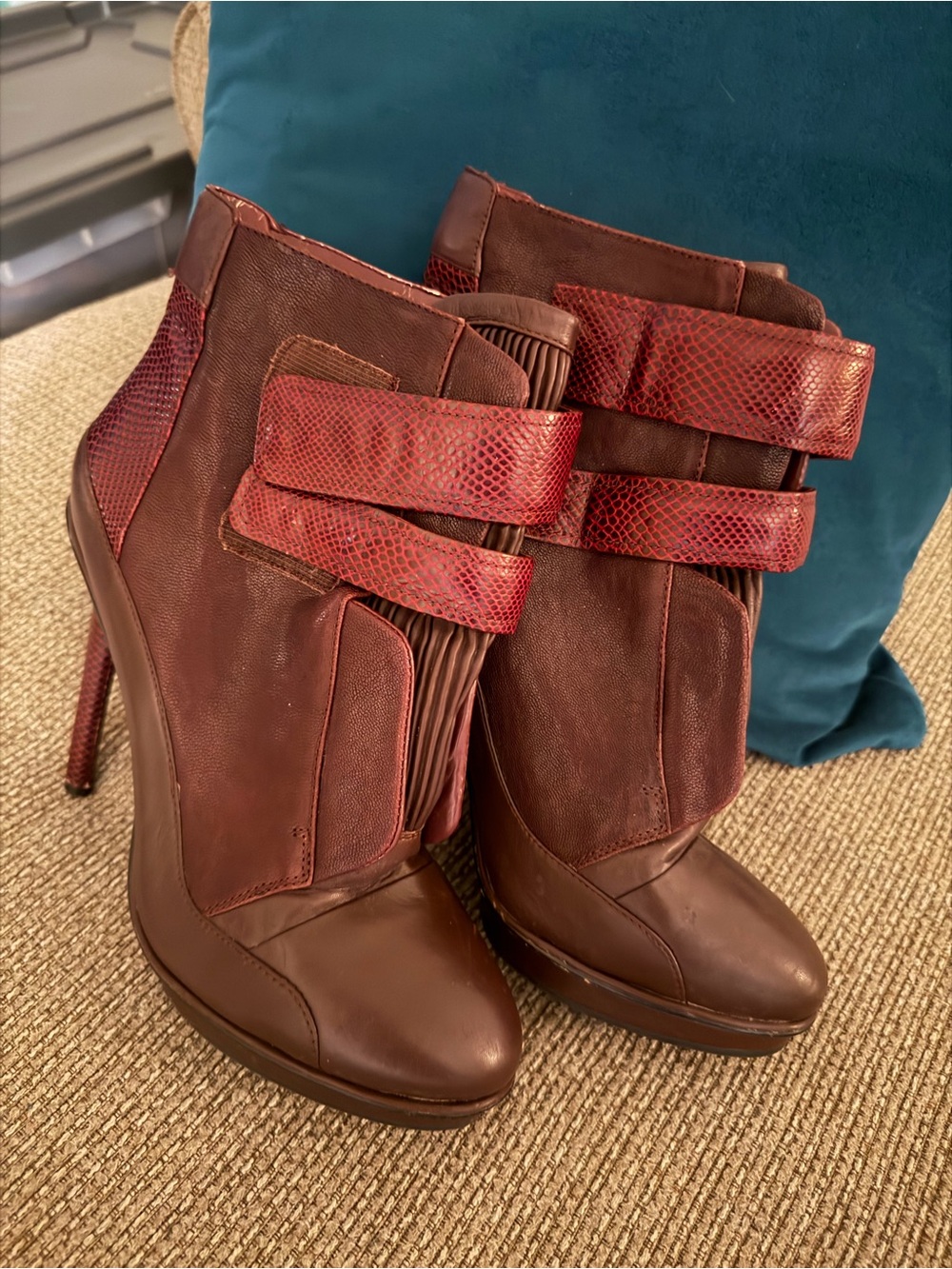 BCBGMaxAzria Burgundy and Red Snakeskin-Accent Stiletto Ankle Boots